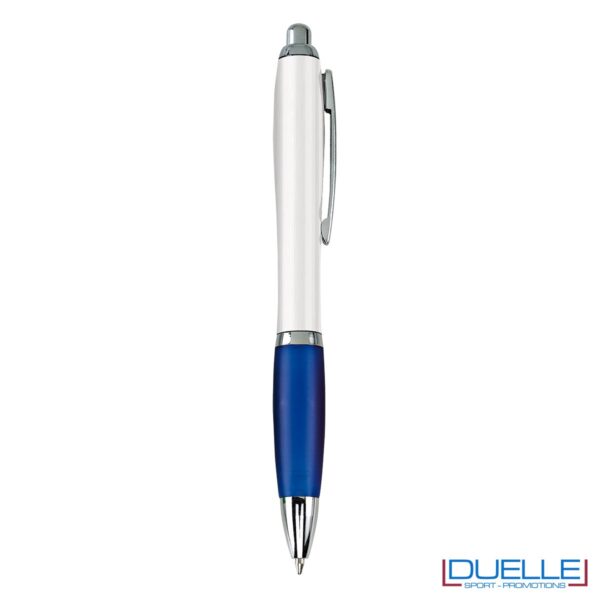 Penna economica personalizzata fusto bianco impugnatura soft touch colore blu