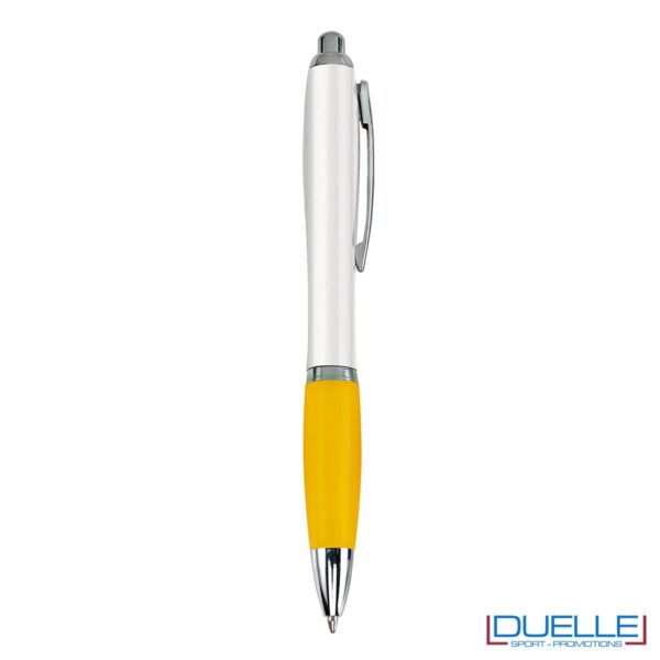 Penna economica personalizzata fusto bianco impugnatura soft touch colore giallo