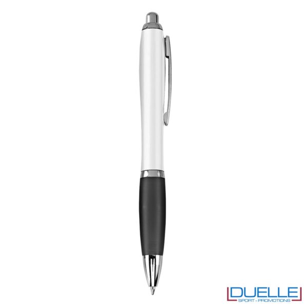 Penna economica personalizzata fusto bianco impugnatura soft touch colore nero