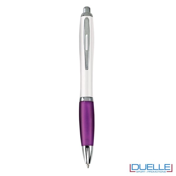 Penna economica personalizzata fusto bianco impugnatura soft touch colore viola