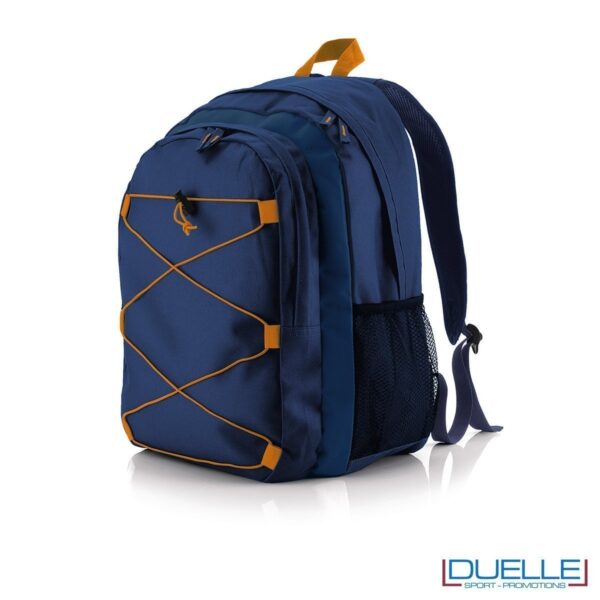zaino personalizzato sportivo blu navy-arancione, gadget sport trekking. Zaino tipo north face