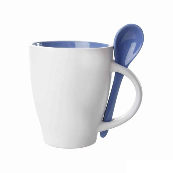 tazza con cucchiaino e interno blu promozionale