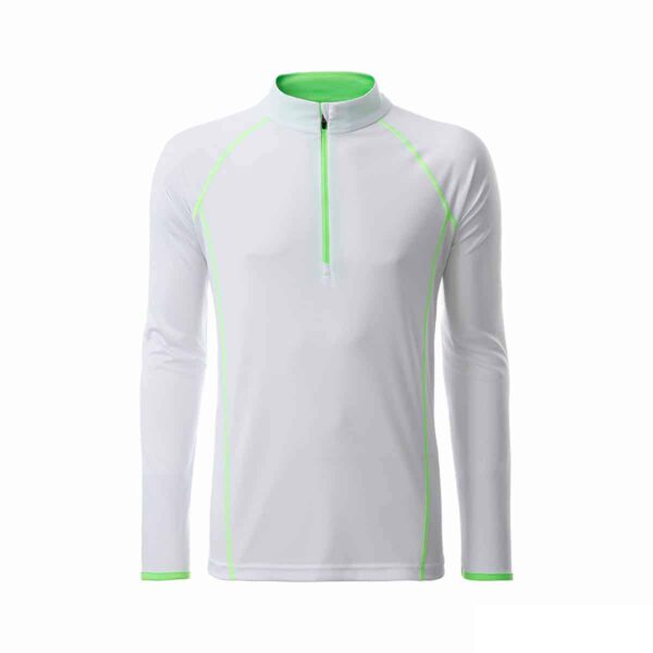 T-shirt manica lunga con zip colore bianco/verde lime personalizzata