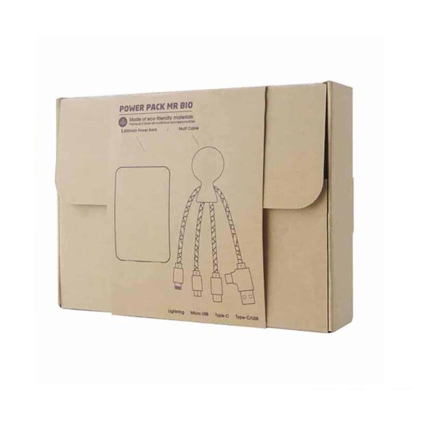 Confezione per set powerbank in fibra di grano e plastica bio con cavi di ricarica