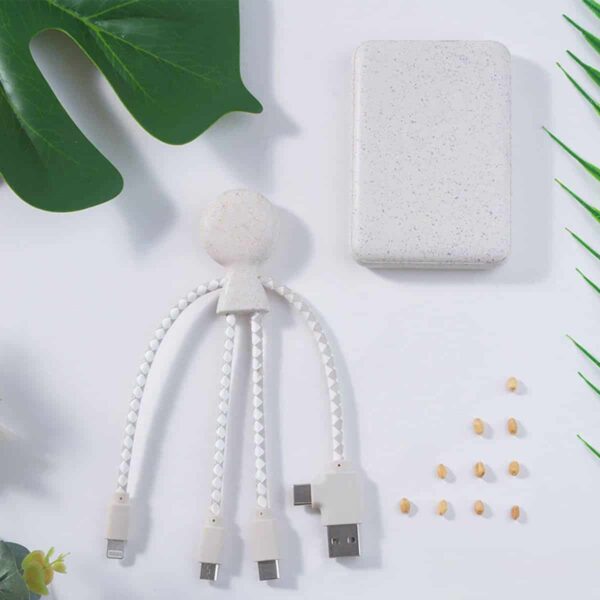 Powerbank in fibra di grano e plastica bio personalizzato con cavi di ricarica