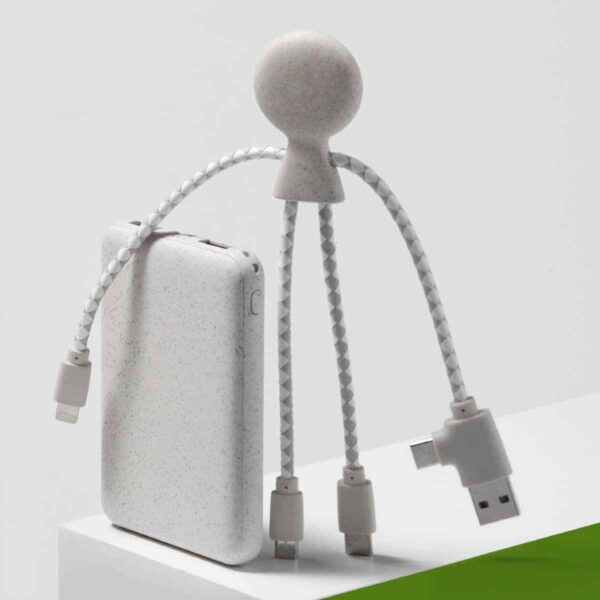Set powerbank in fibra di grano e plastica bio personalizzato con cavi di ricarica