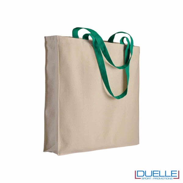 shopper in cotone con manici verdi e soffietto 220g/m