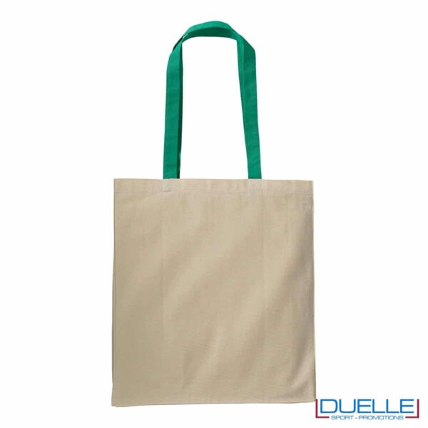 shopper in cotone con manici verdi e soffietto