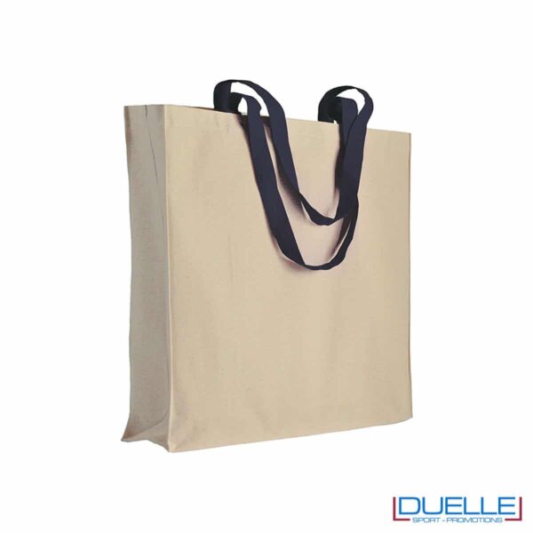 shopper in cotone con manici blu navy e soffietto