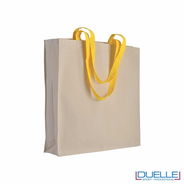 shopper in cotone con soffietto e manici gialli personalizzata