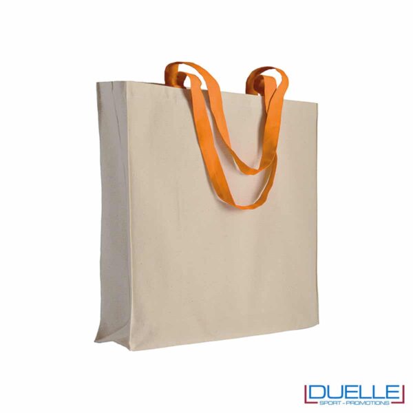 shopper in cotone con soffietto con manici arancioni