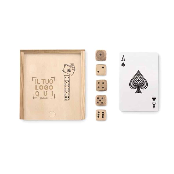 Gioco carte e dadi personalizzato con incisione laser