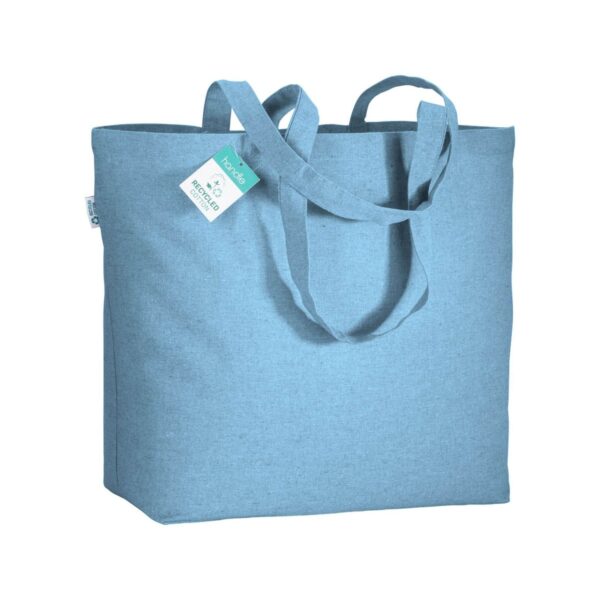 Shopper in cotone riciclato 190 g/m2 con soffietto alla base, manici lunghi - Celeste