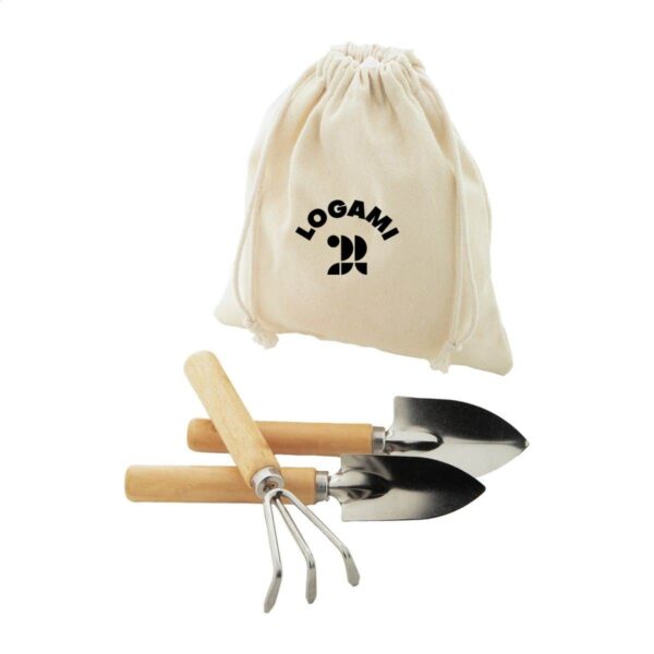 Kit utensili da giardino in acciaio e legno con sacchetto in cotone