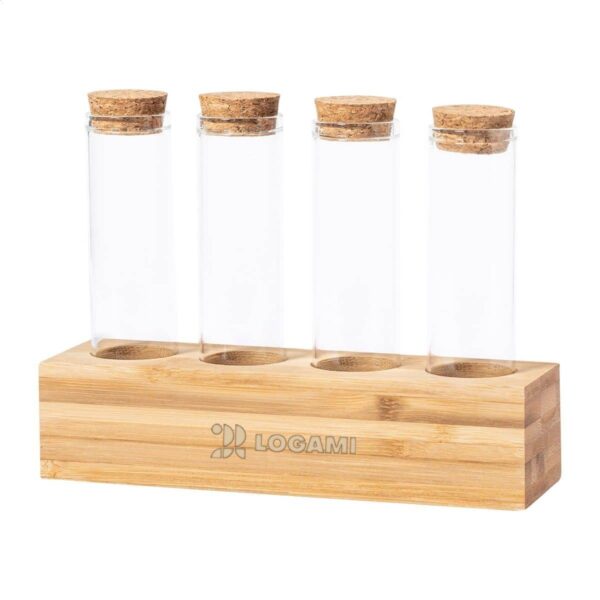 Set porta spezie in vetro borosilicato con supporto in bambù