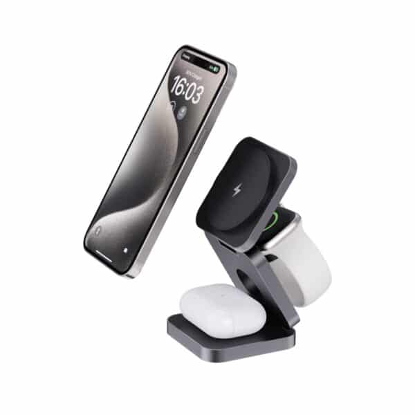 Caricatore wireless 3in1 pieghevole in alluminio riciclato