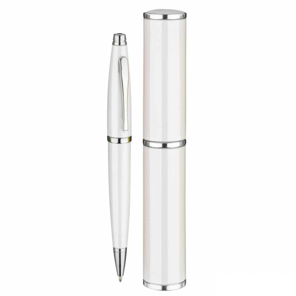 penna personalizzata in alluminio colore bianco confezionata in cilindro regalo