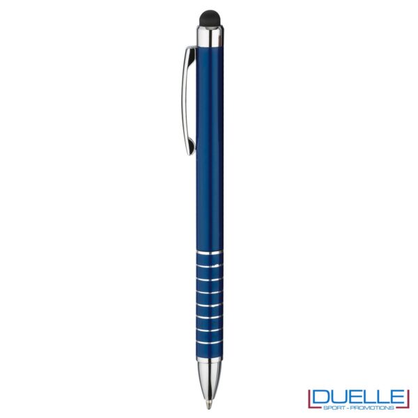 penna touch screen personalizzata in alluminio laccato blu, gadget aziendali personalizzati