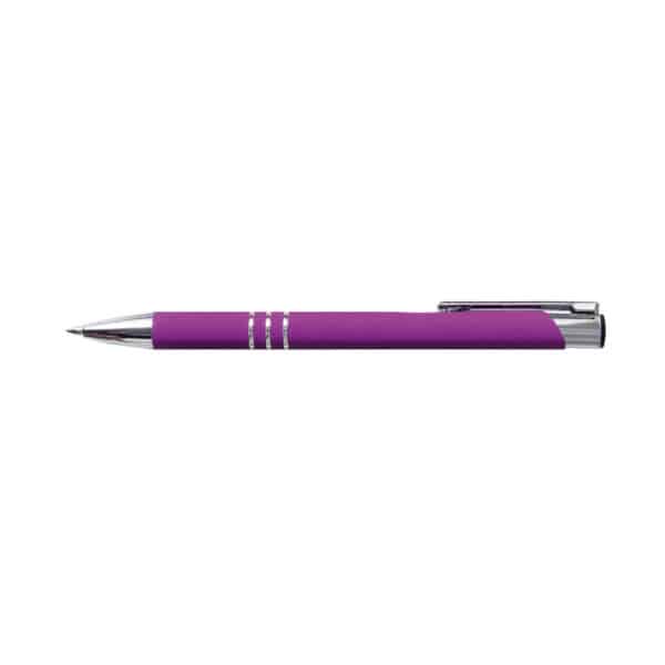 penna personalizzabile in metallo con finitura soft touch viola, penne personalizzate promozionali soft touch viola