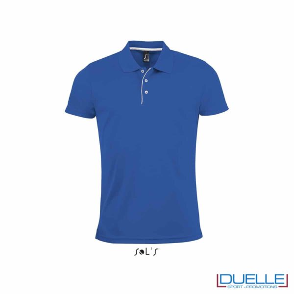polo personalizzata sportiva in poliestere traspirante colore blu royal, polo personalizzata, abbigliamento sportivo personalizzato