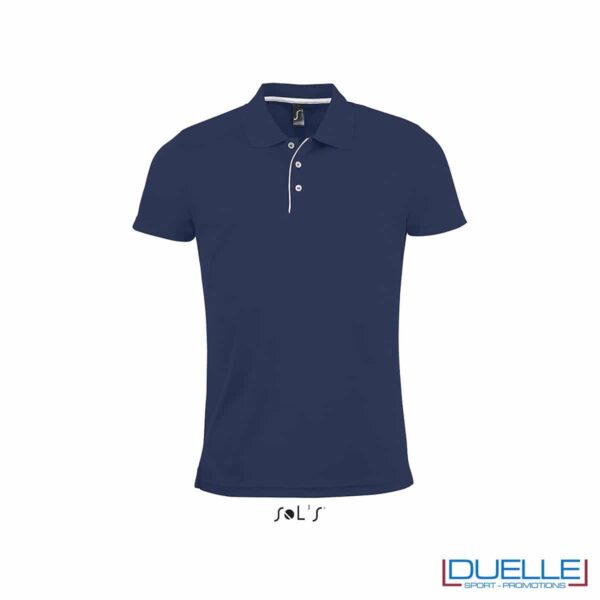 polo personalizzata sportiva in poliestere traspirante colore blu navy, polo personalizzata, abbigliamento sportivo personalizzato