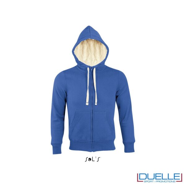 felpa personalizzata con cappuccio e pelo sherpa in colore blu royal, felpe personalizzate