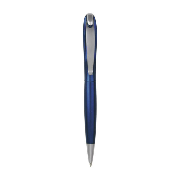 Penna a sfera in plastica colorata con effetto metalizzato e sistema di chiusura a rotazione.
