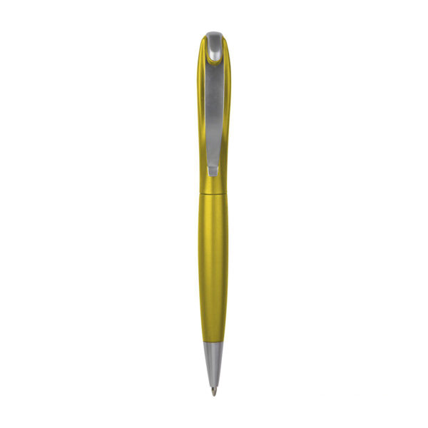 Penna a sfera in plastica colorata con effetto metalizzato e sistema di chiusura a rotazione.