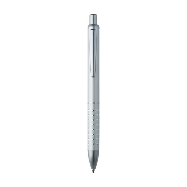 Penna a sfera con fusto in alluminio e puntale e clip in metallo, chiusura a scatto. Adatta per personalizzazione con incisione laser.