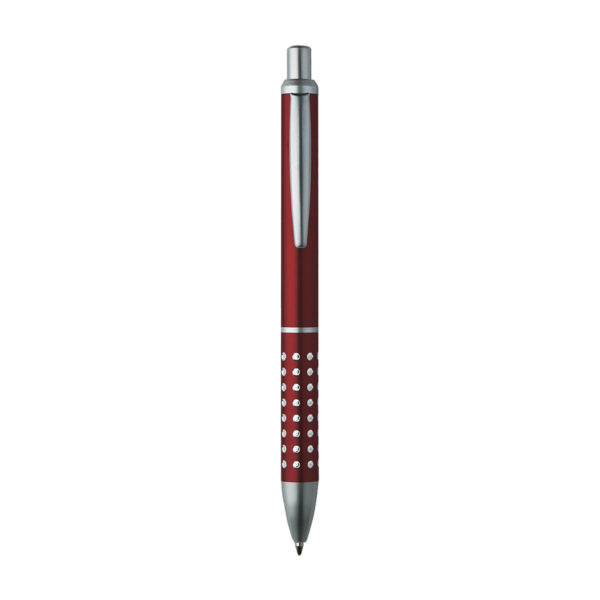 Penna a sfera con fusto in alluminio e puntale e clip in metallo, chiusura a scatto. Adatta per personalizzazione con incisione laser.
