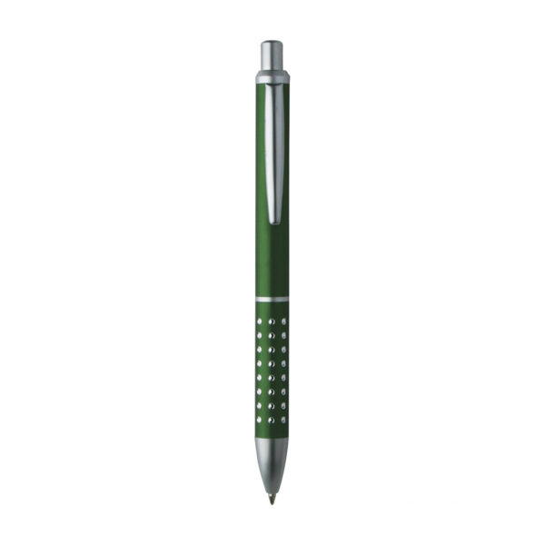 Penna a sfera con fusto in alluminio e puntale e clip in metallo, chiusura a scatto. Adatta per personalizzazione con incisione laser.