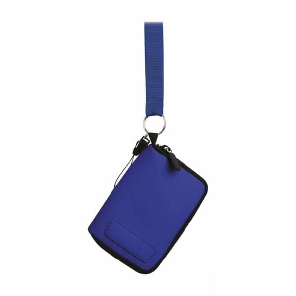 portacellulare da collo con cerniera e foro per cuffie in colore blu personalizzato, gadget estate, gadget personalizzati