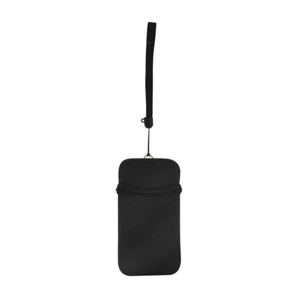 Portacellulare personalizzato in neoprene colore NERO da appendere al collo. gadget estivi personalizzati, gadget personalizzati