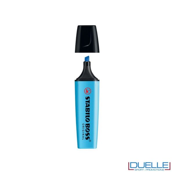 evidenziatore personalizzato stabilo azzurro fluo, evidenziatori promozionali personalizzabili azzurri stabilo