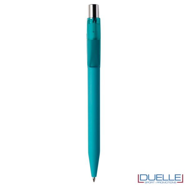 Penna Made in Italy personalizzata acquamarina effetto gommato clip trasparente, gadget aziendali, penne personalizzate, gadget personalizzati, articoli promozionali