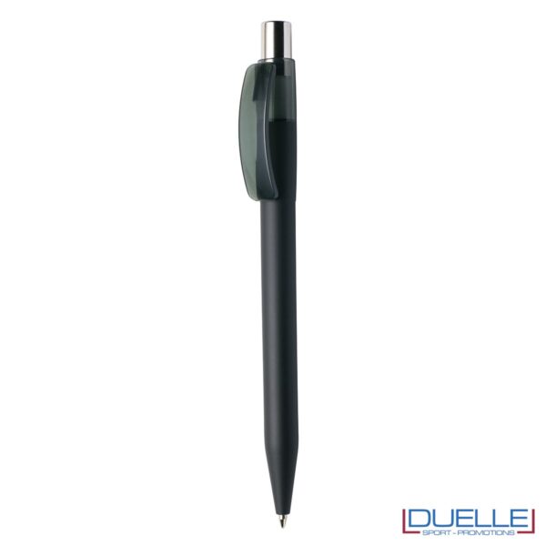 Penna Made in Italy personalizzata grigio scuro effetto gommato clip trasparente, gadget aziendali, penne personalizzate, gadget personalizzati, articoli promozionali