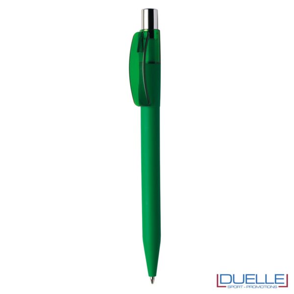 Penna Made in Italy personalizzata verde effetto gommato clip trasparente, gadget aziendali, penne personalizzate, gadget personalizzati, articoli promozionali