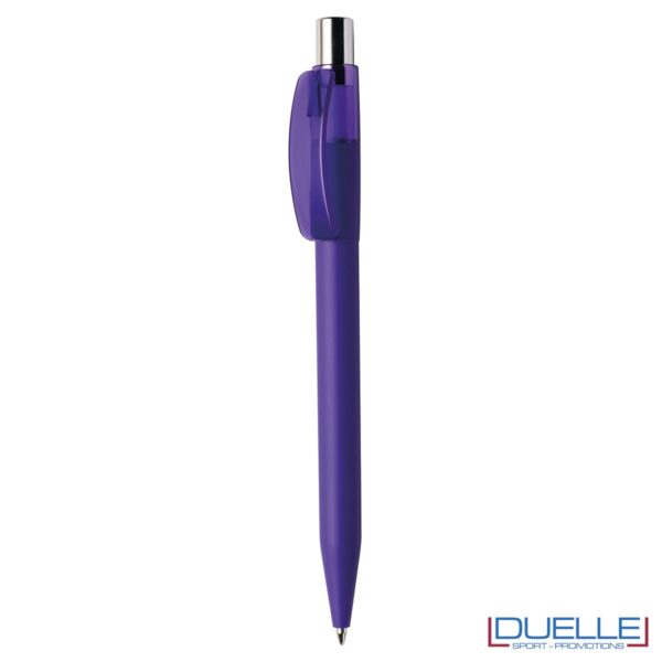 Penna Made in Italy personalizzata viola effetto gommato clip trasparente, gadget aziendali, penne personalizzate, gadget personalizzati, articoli promozionali